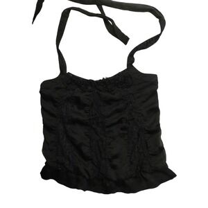 Black Lace Halter Corset Top Y2K Sheer Chiffon Bustier Floral Trim Fairy Gothic